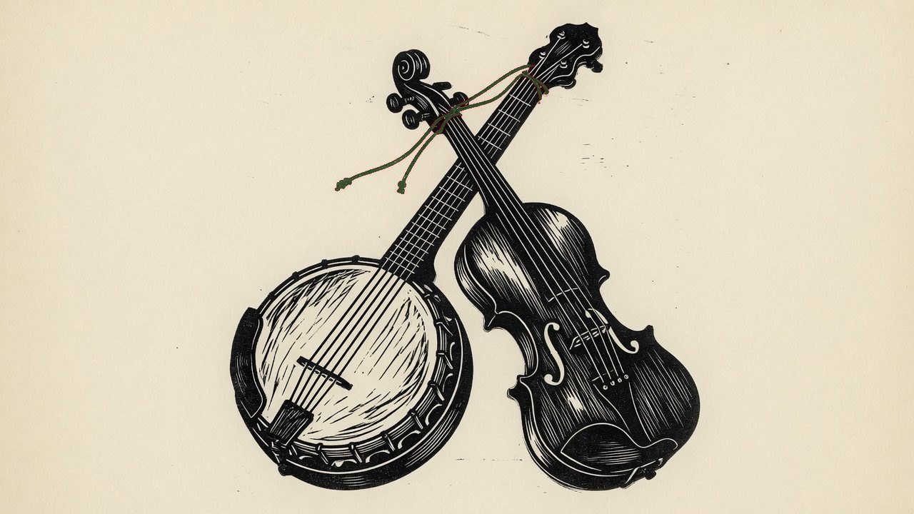 Woodcut of a five-string banjo and a fiddle leaning together, with a green cord on the banjo neck.