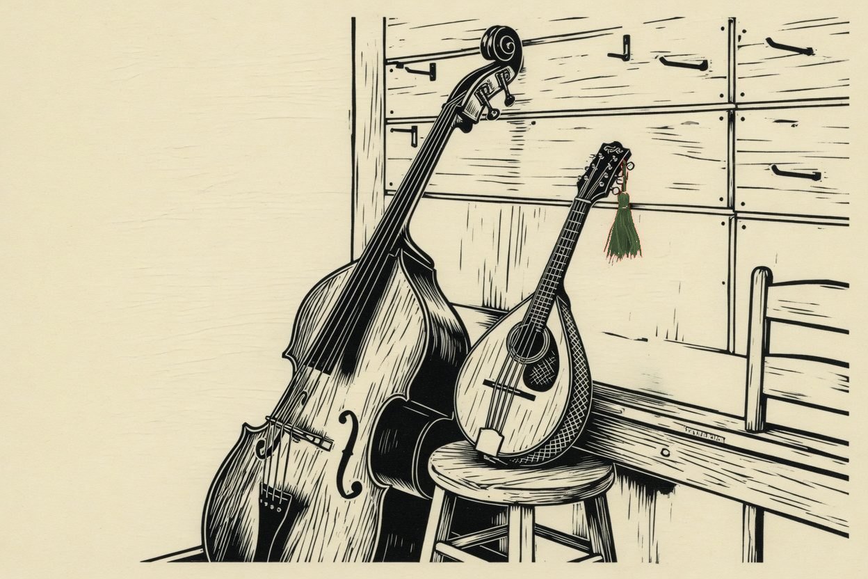 Woodcut of an upright bass and a mandolin in a quiet shop corner, with a green tassel on the mandolin.