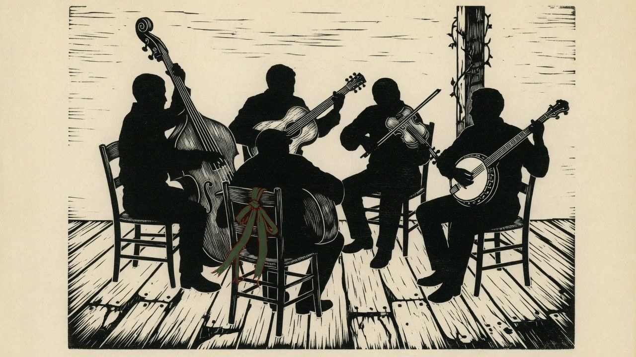 Woodcut of four musicians from behind, seated in a circle with banjo, fiddle, guitar, and bass.