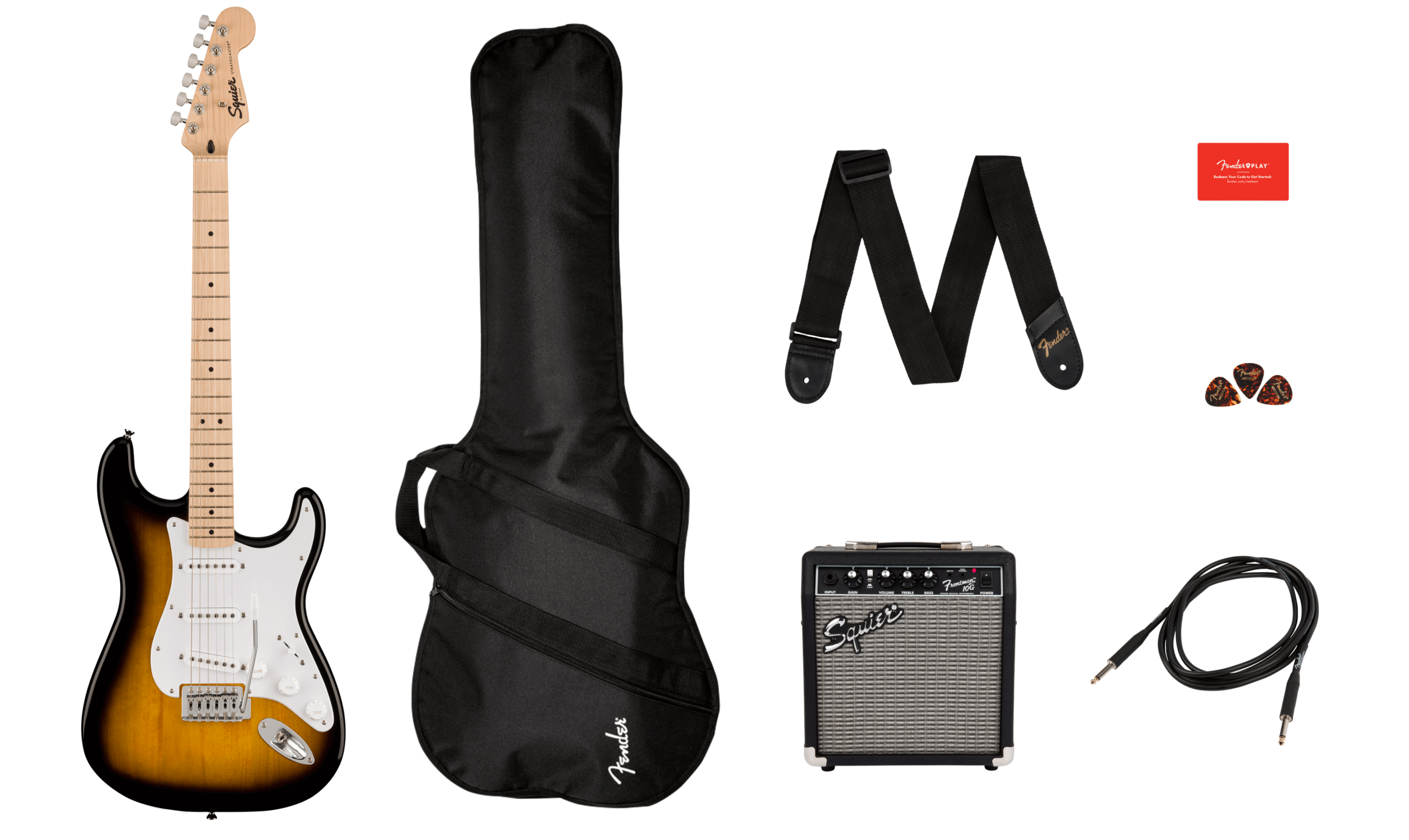 Squier Sonic Stratocaster Pack With Padded Gig Bag, Amp and Accessories - 2-Color Sunburst