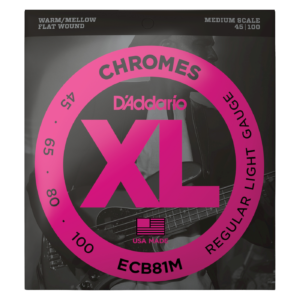 D'Addario ECB81M XL Chromes Flatwound Bass Guitar Strings - Regular Light (45-100) Medium Scale