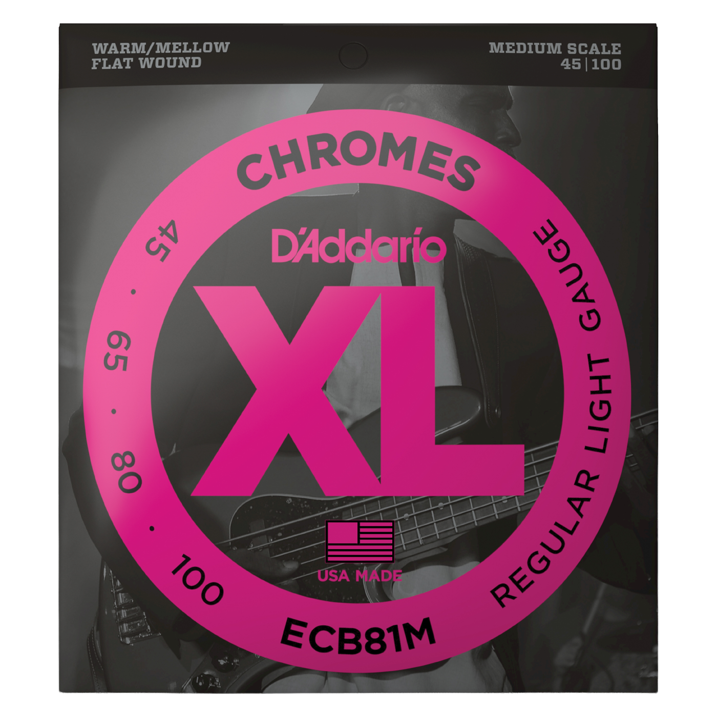 D'Addario ECB81M XL Chromes Flatwound Bass Guitar Strings - Regular Light (45-100) Medium Scale