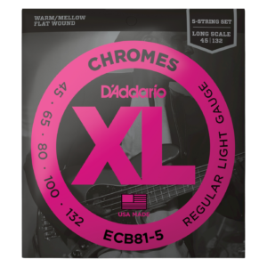 D'Addario ECB81-5 XL Chromes Flatwound 5-String Bass Guitar Strings - Regular Light (45-132) Long Scale