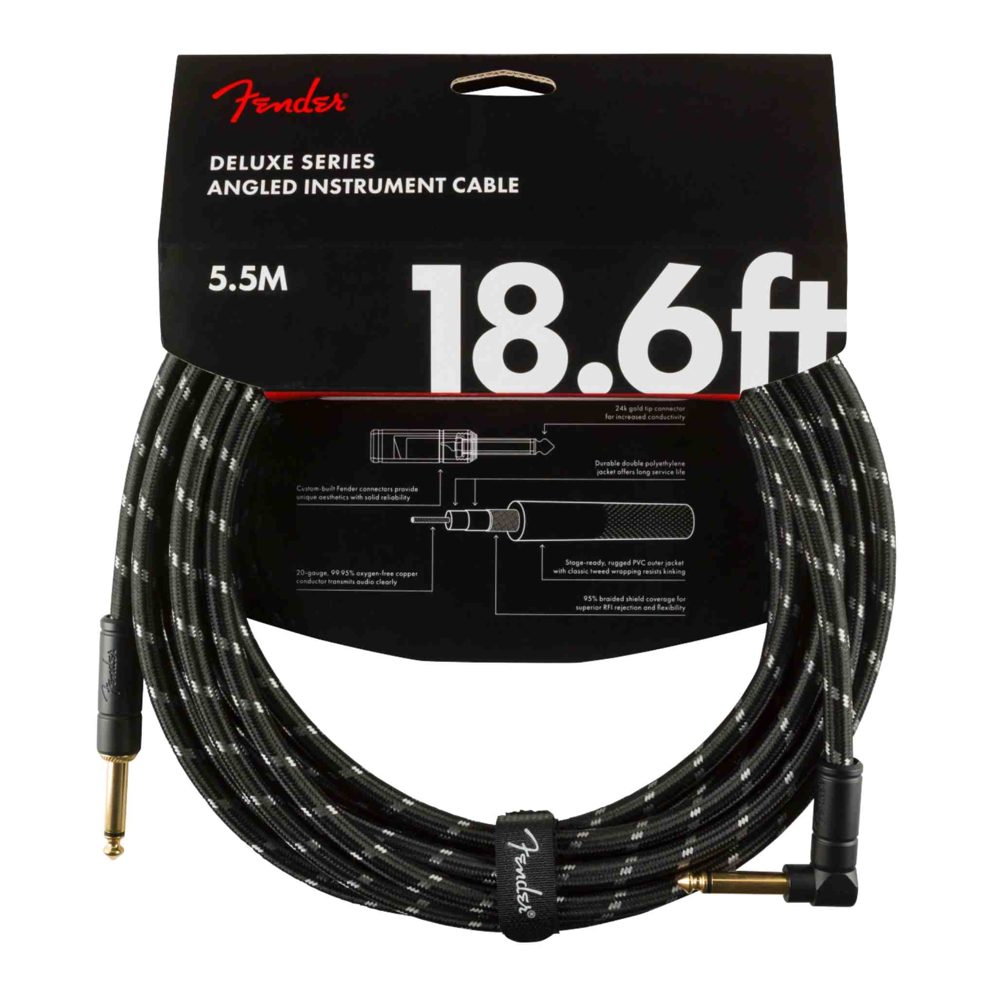 Fender Deluxe Series Tweed Instrument Cable - Straight/Angle - Black Tweed - 18.6FT