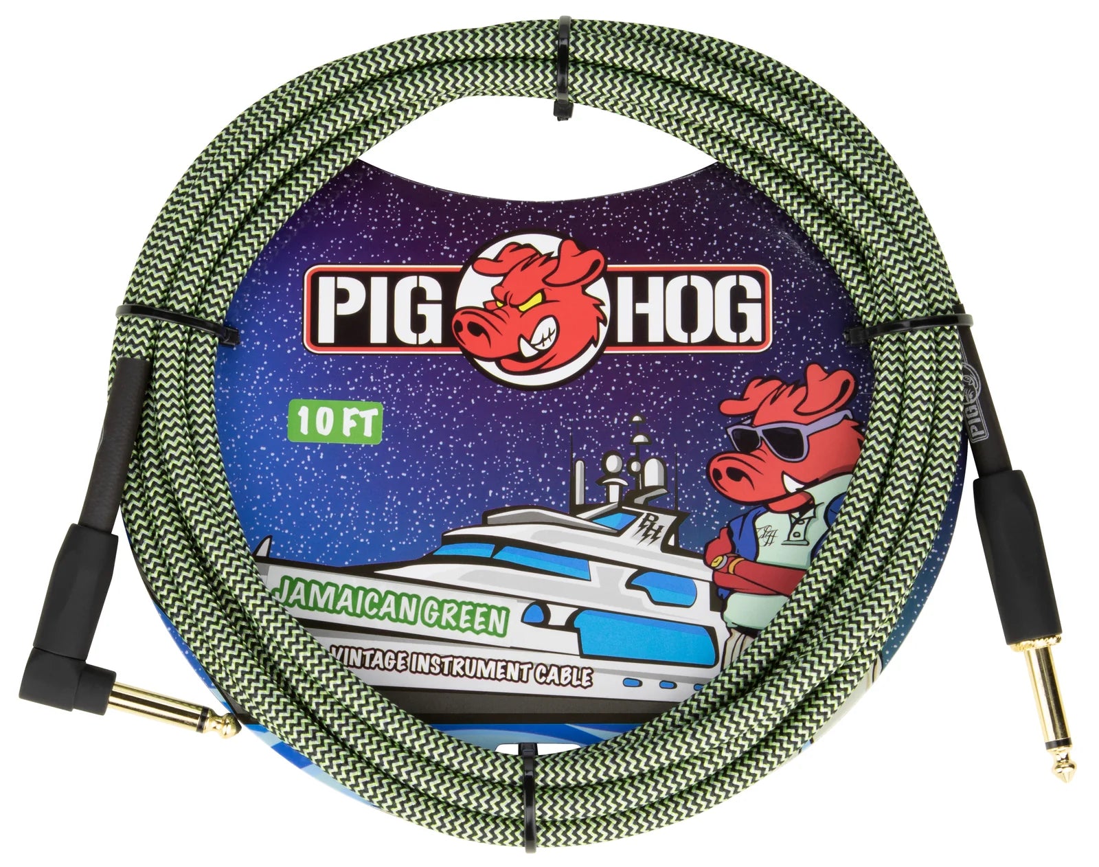 Pig Hog "Jamaican Green" Instrument Cable - Right Angle - 10FT