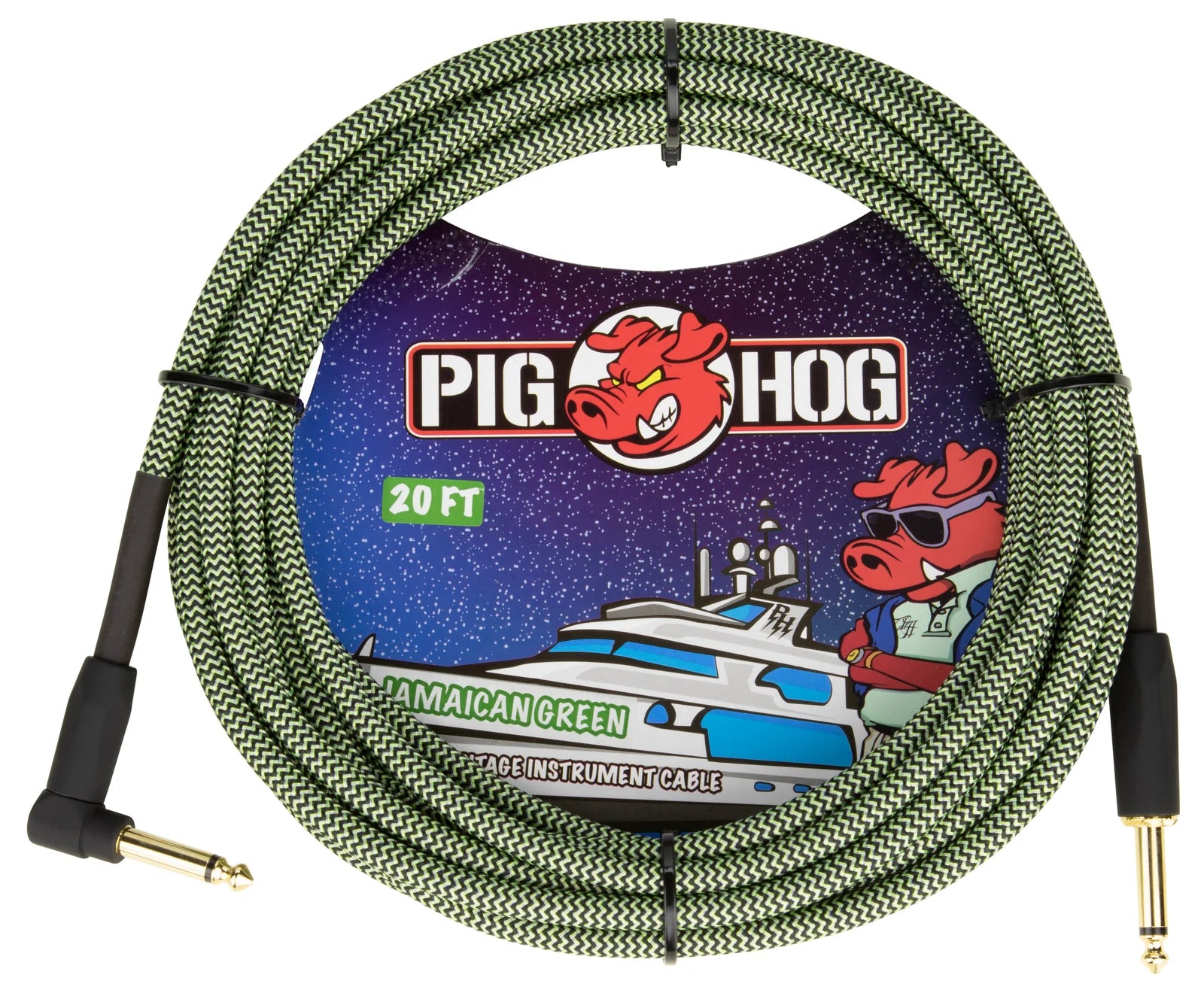 Pig Hog "Jamaican Green" Instrument Cable - Right Angle - 20FT